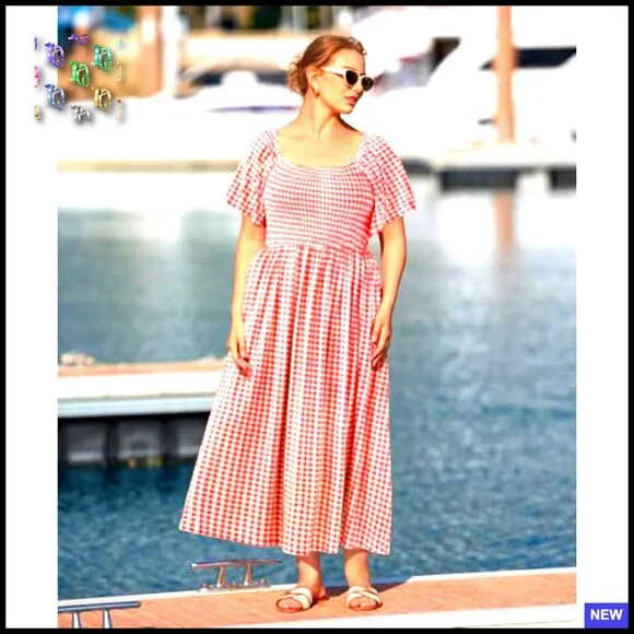 Square Neck Short Sleeve Smocked Maxi Dress Floral A-Line Plus Size Pocket - Picture 3 of 5
